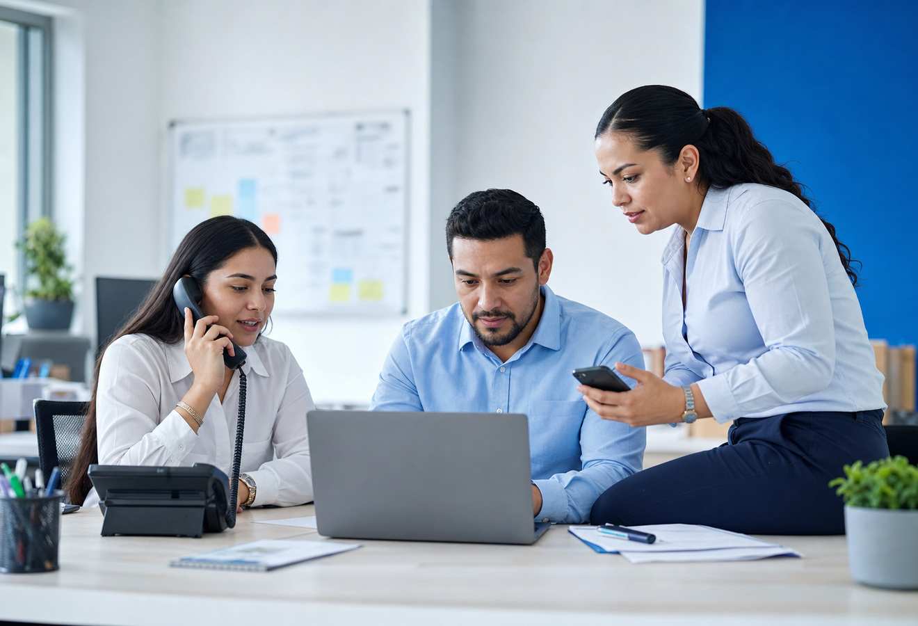 Equipo de oficina de Cheipy coordinando un proceso por teléfono y computadora.