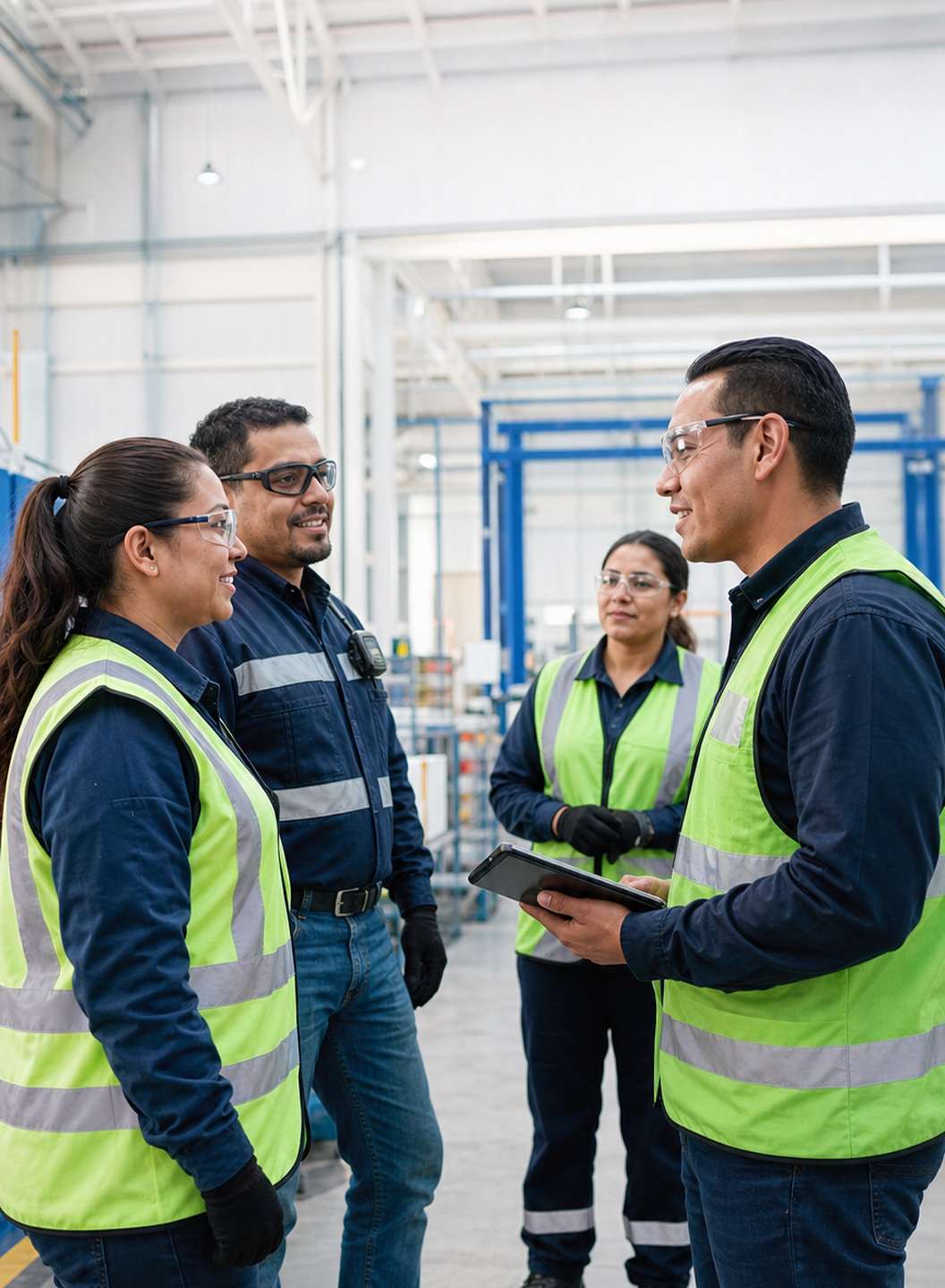 Equipo con chalecos de alta visibilidad y lentes de seguridad conversando en el piso de una planta industrial.
